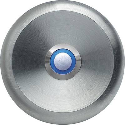 Metalen drukknop in ronde vorm met een blauwe ring in het midden.