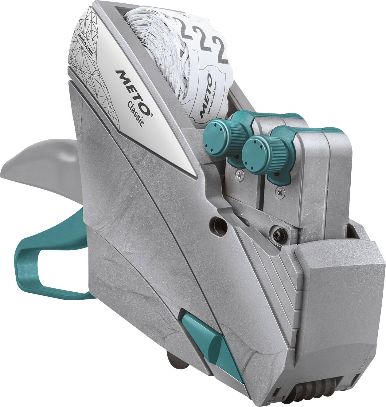 Prijskaartjesapparaat in grijs-turkoois met 'Meto Classic'-opschrift, uitgerust met twee groene draaiknoppen en een prijsetikettenrol in het bovenste gedeelte.