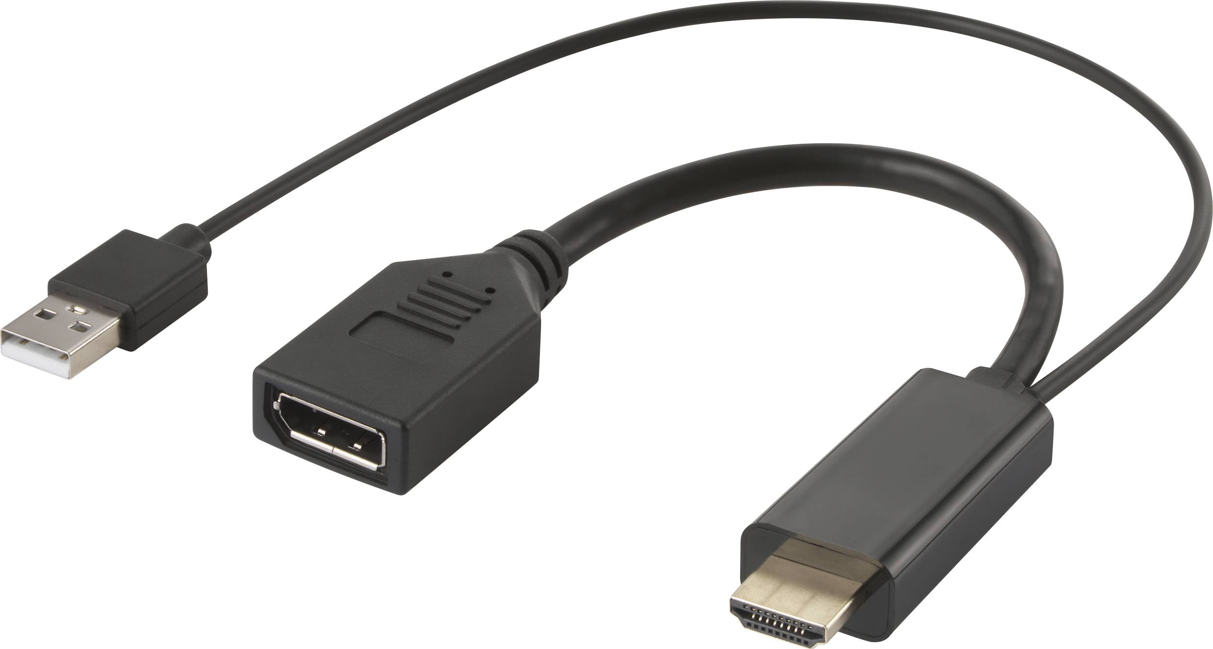 Zwarte USB-naar-HDMI-kabeladapter met twee aansluitingen: een USB-stekker en een HDMI-poort, verbonden door een kort kabel.