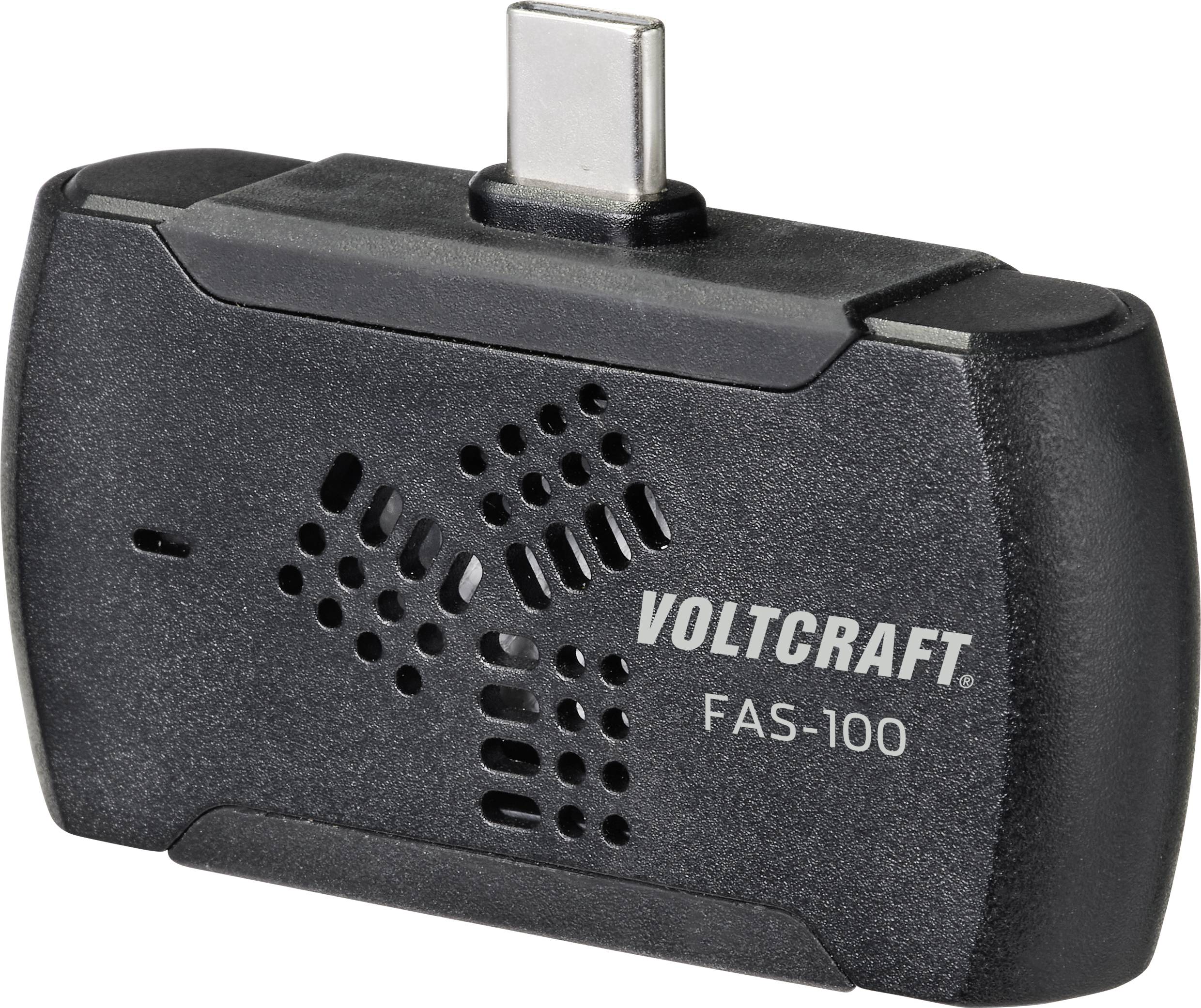 Een zwarte Voltcraft FAS-100 sensordetektor met USB-C-aansluiting voor het meten van milieugegevens.