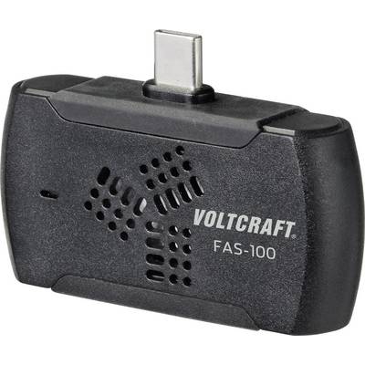 Een zwarte Voltcraft FAS-100 sensordetektor met USB-C-aansluiting voor het meten van milieugegevens.