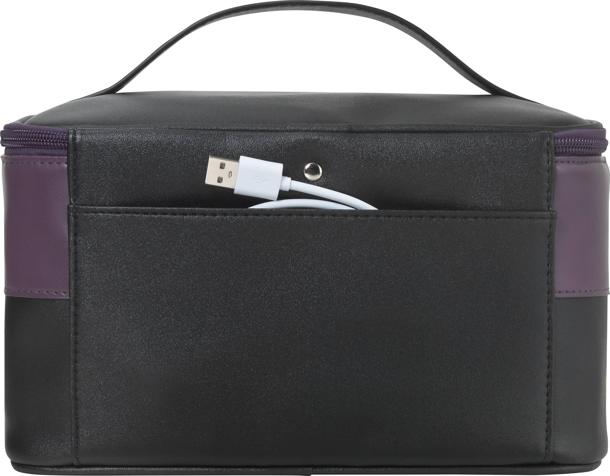 Zwarte tas met handgreep, buitenzak met een uitstekende USB-kabel.