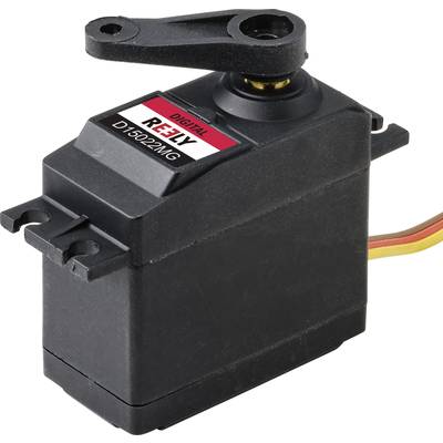 Een zwarte digitale servomotor met een rood-wit etiket 'REELY D1502MG' en drie kabels onderaan rechts.