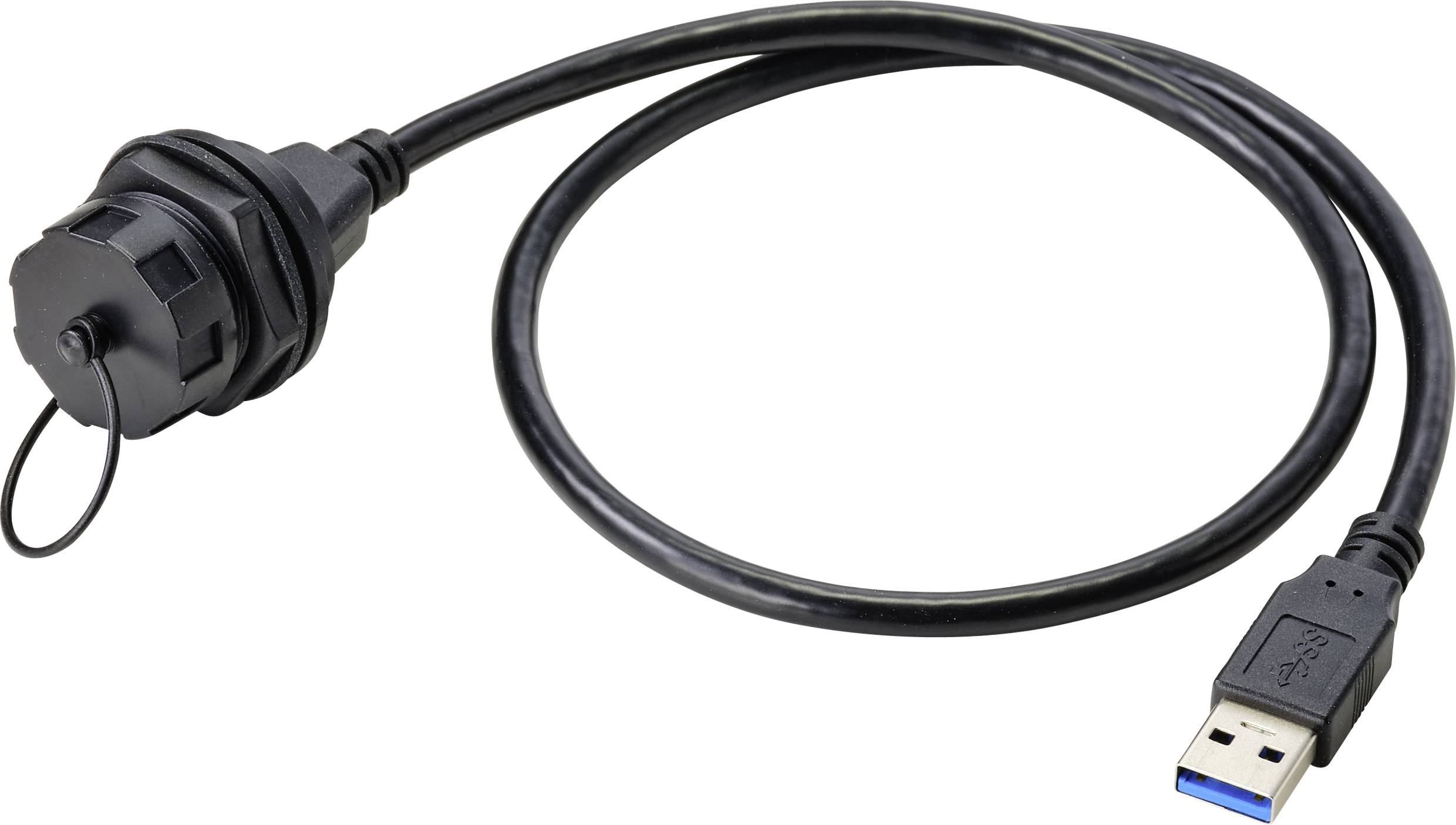 Een zwart USB-kabel met een waterdichte, ronde aansluitbus aan de ene kant en een blauwe USB-stekker aan de andere kant.