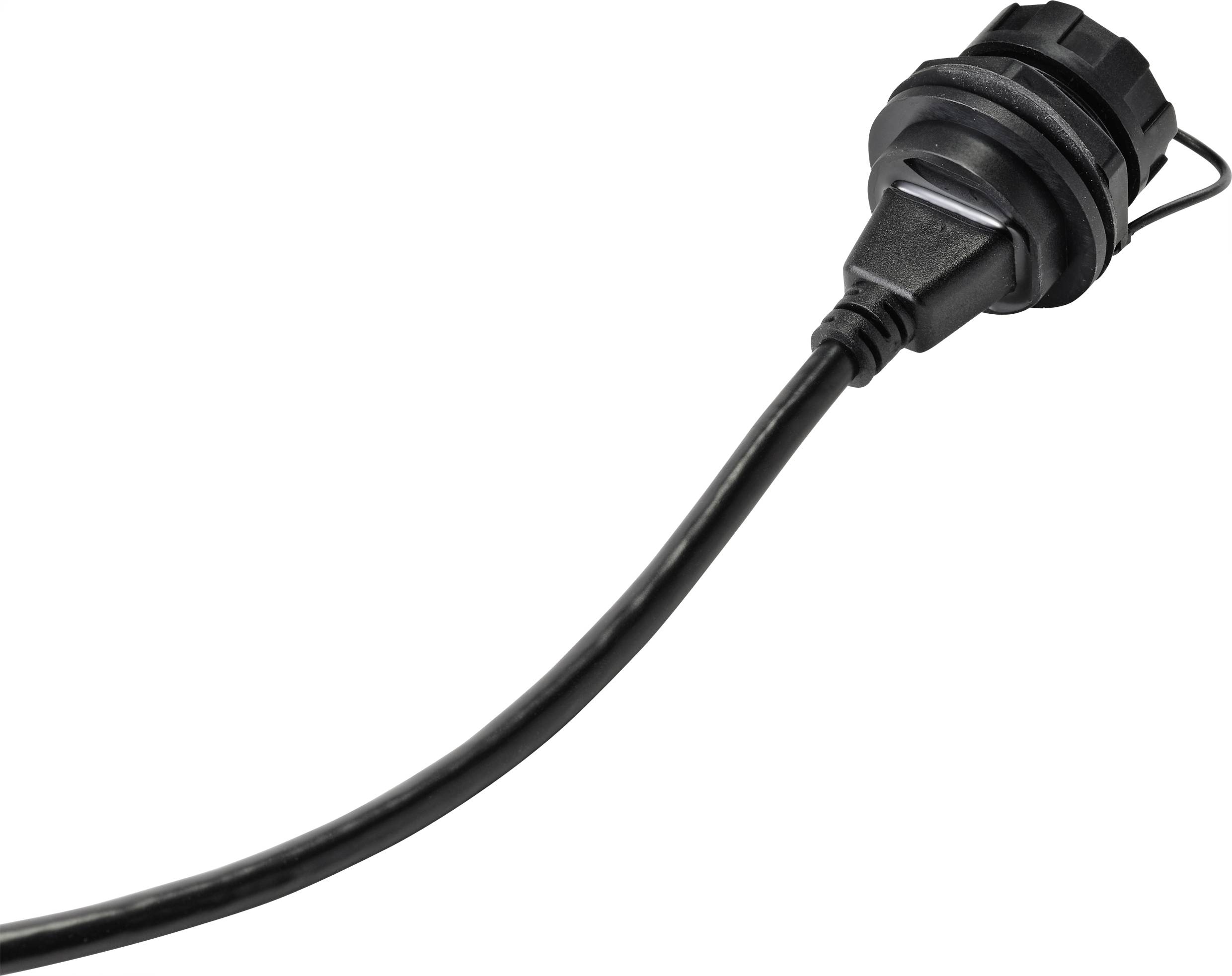 Een zwarte kabel met een robuuste, waterdichte stekker, geschikt voor buitengebruik of vochtige omgevingen.