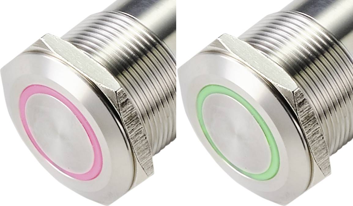 Twee roestvrij stalen knoppen, één met een roze LED en één met een groene LED, tonen verschillende statusweergaven.