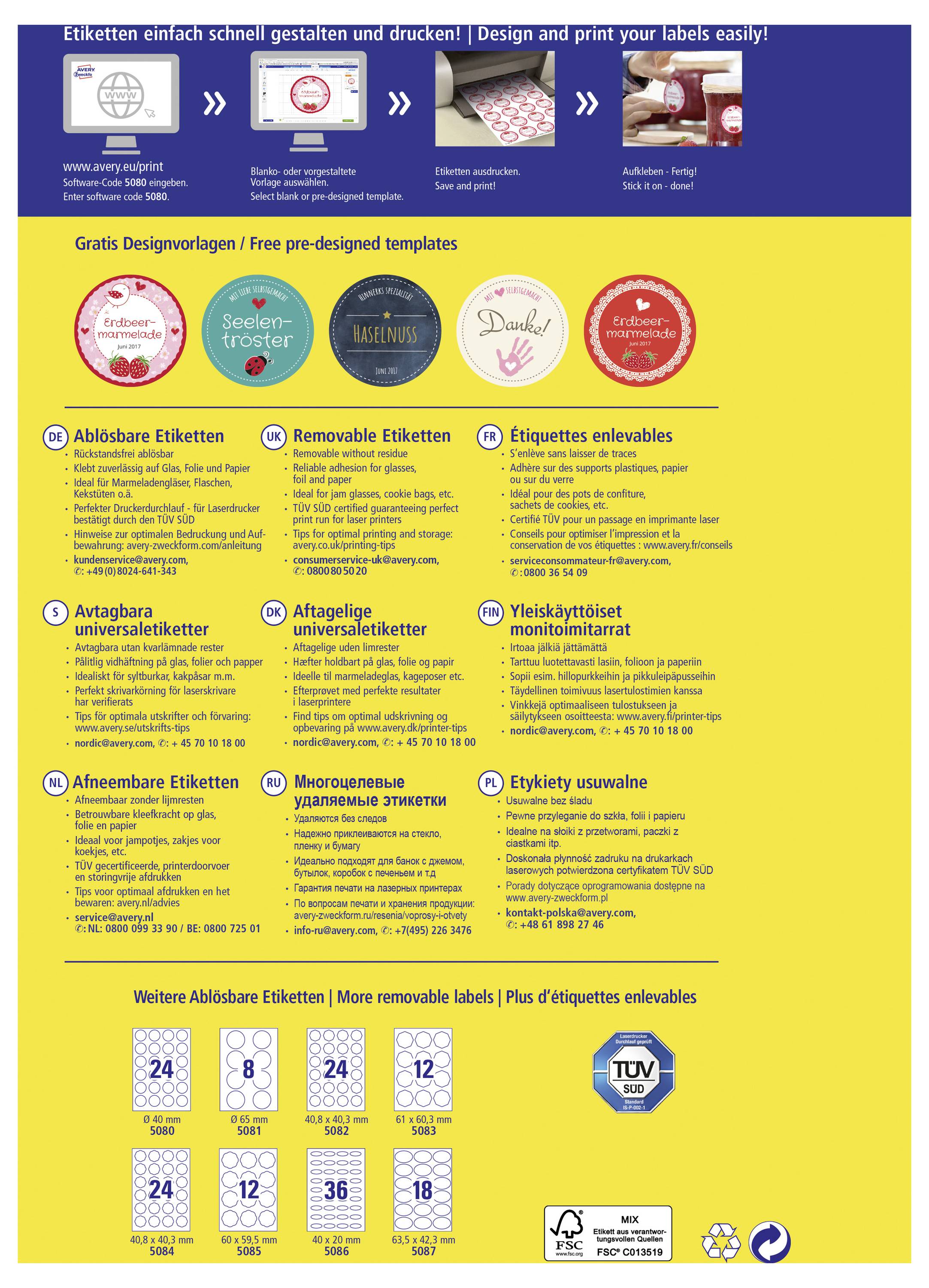 Promotionele poster voor afdrukbare zelfklevende etiketten, met ontwerpstappen, zes etikettypen, sjabloonvoorbeelden en productkenmerken in het Duits, Engels en Frans.