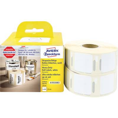 Avery Zweckform zware uitvoering witte rolletjeslabels in een retaildoos naast twee rollen blanco labels, compatibel met Dymo LabelWriter printers.