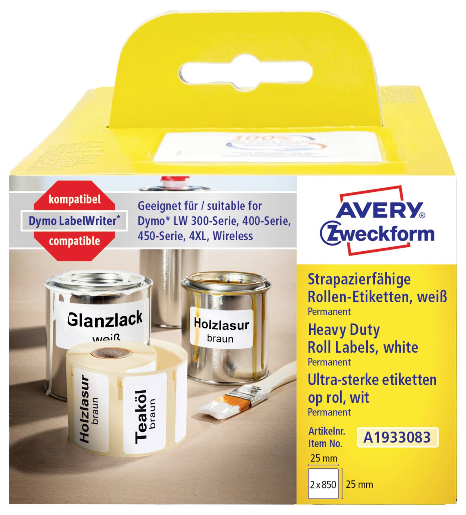 Avery Zweckform doos met witte zware rollen etiketten, compatibel met Dymo LabelWriter en 25 mm x 850 mm etiketten, met voorbeeldafbeelding van gelabelde verfblikken.