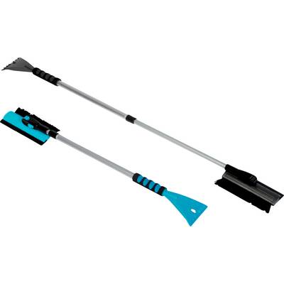 Twee ijskrabbers met uitschuifbare zilveren handvaten en zwarte grepen, één met een blauwe borsteltop en de ander met een zwart schraper blad.