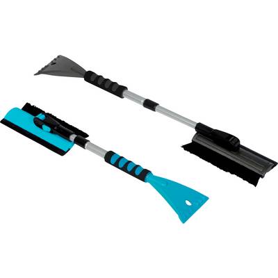 Twee uitschuifbare ijskrabbers met borstels, één grijs en zwart en één blauw en zwart, getoond op een witte achtergrond.