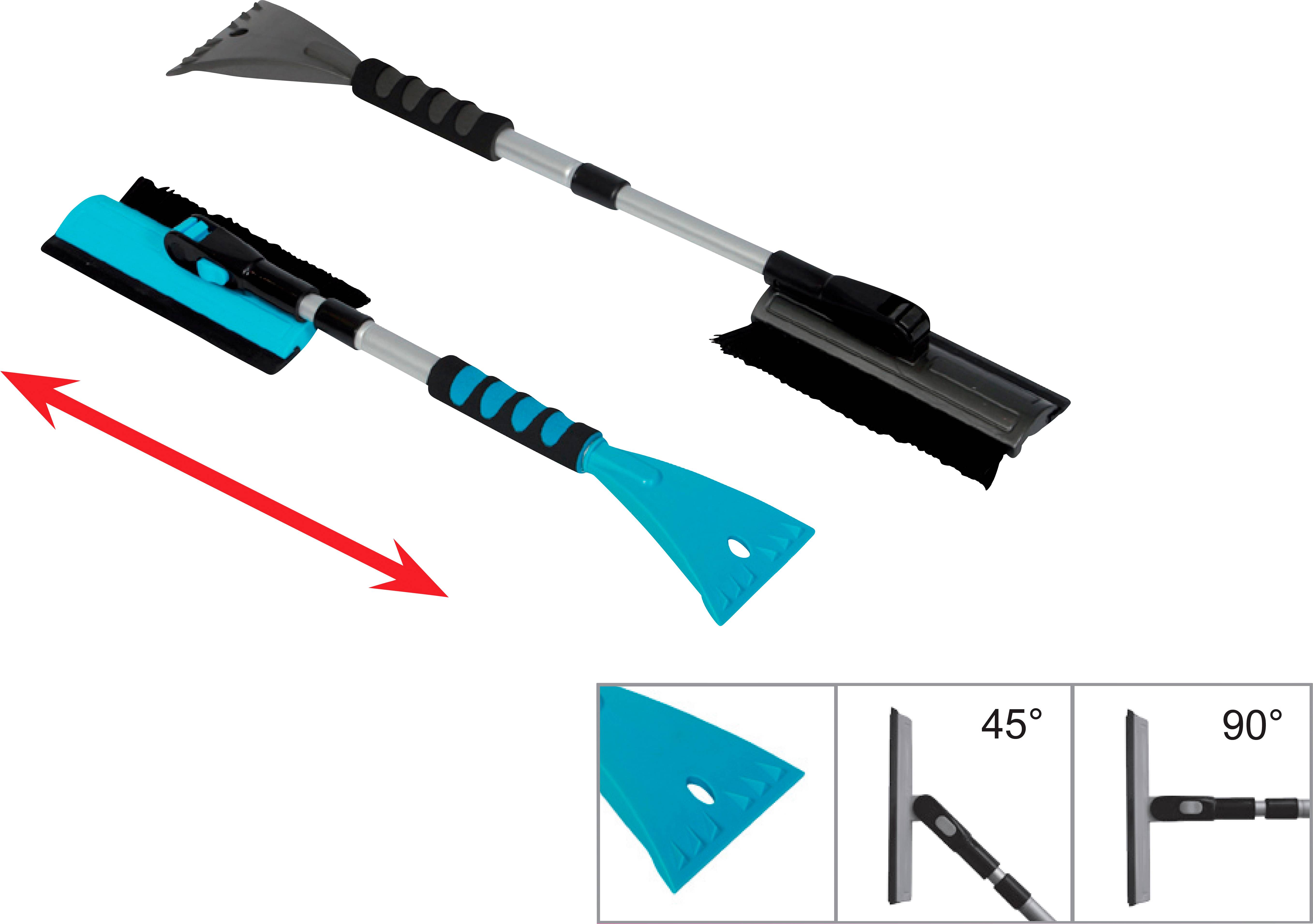 Twee 3-in-1 telescopische schoonmaakgereedschappen met verwisselbare schraper-, borstel- en trekzeepkoppen; inzet toont koprotatie van 45° en 90° voor schuin schoonmaken.