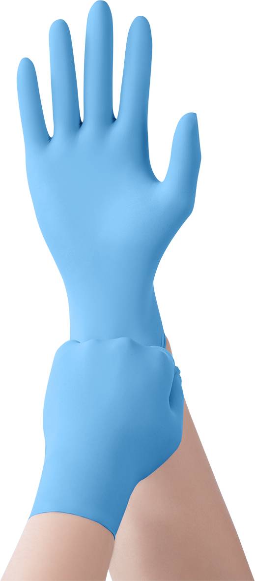 Een hand met een blauwe wegwerphandschoen wordt door de andere hand aan de pols vastgetrokken.