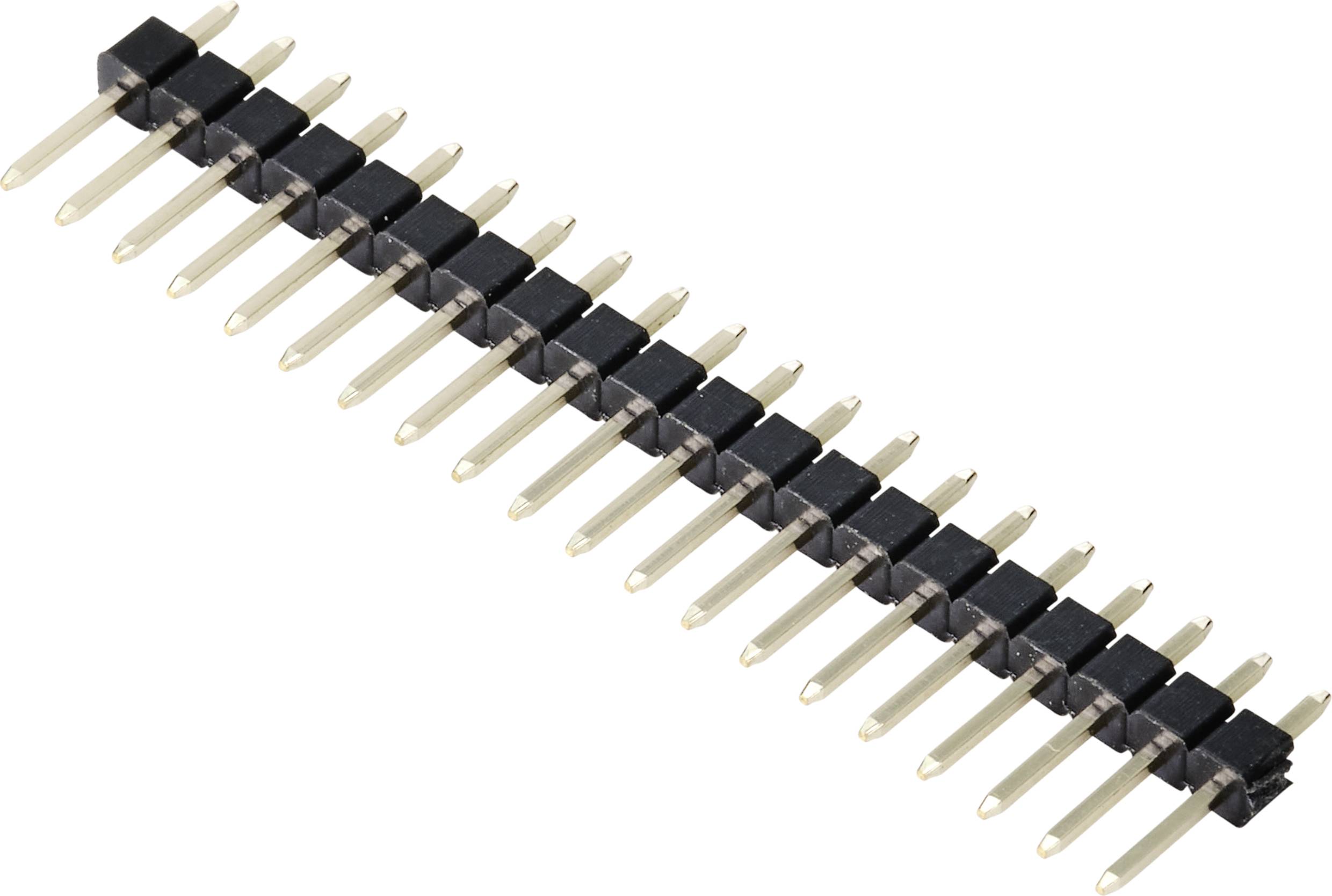 Een enkelrijige stiftlijst met meerdere metalen pinnen, die wordt gebruikt voor elektrische verbindingen in elektronische apparaten.