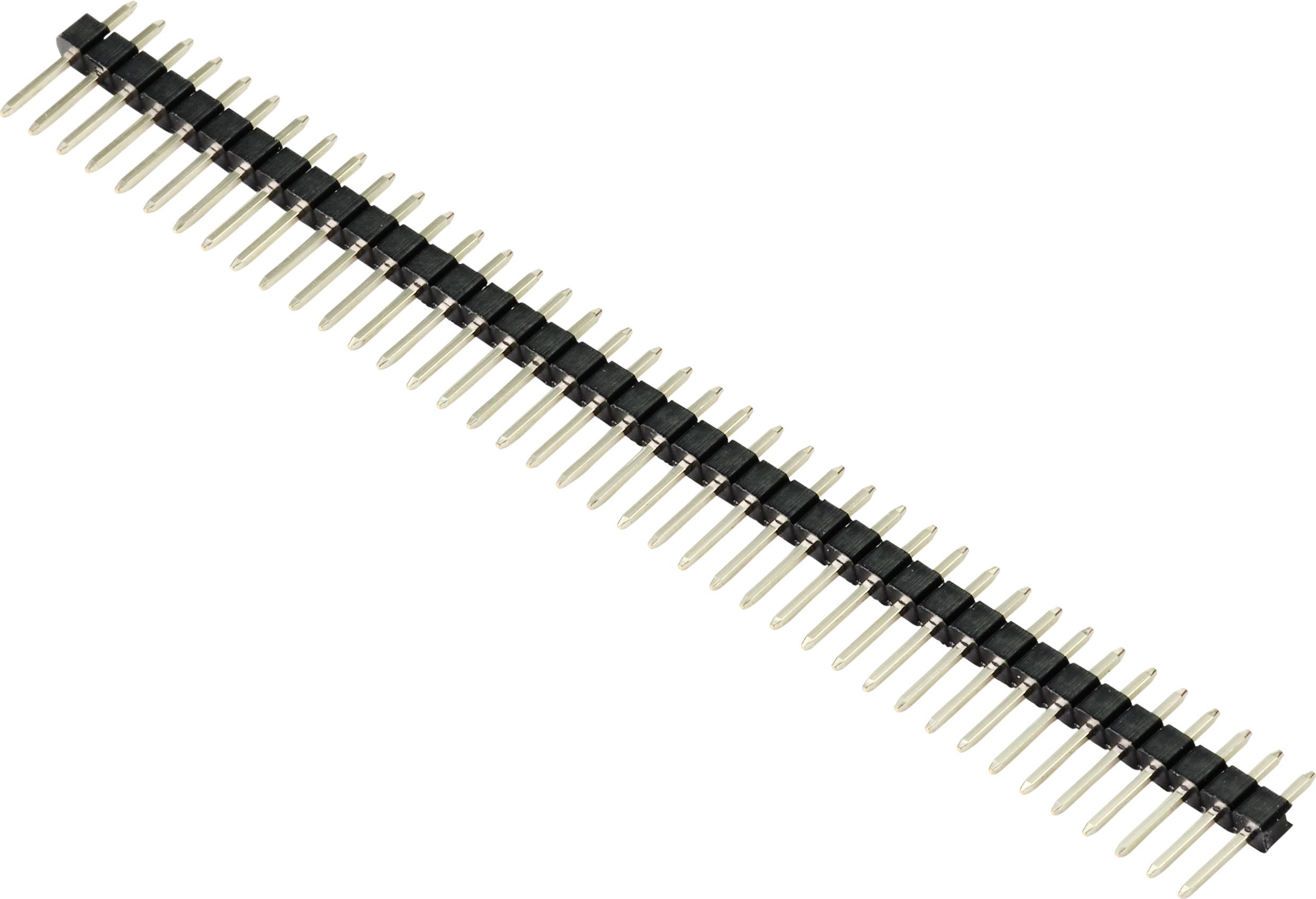 Haaks geplaatste tweerijige stiftconnector met zwarte kunststof behuizingen, geschikt voor elektronische schakelingen en bedrading.