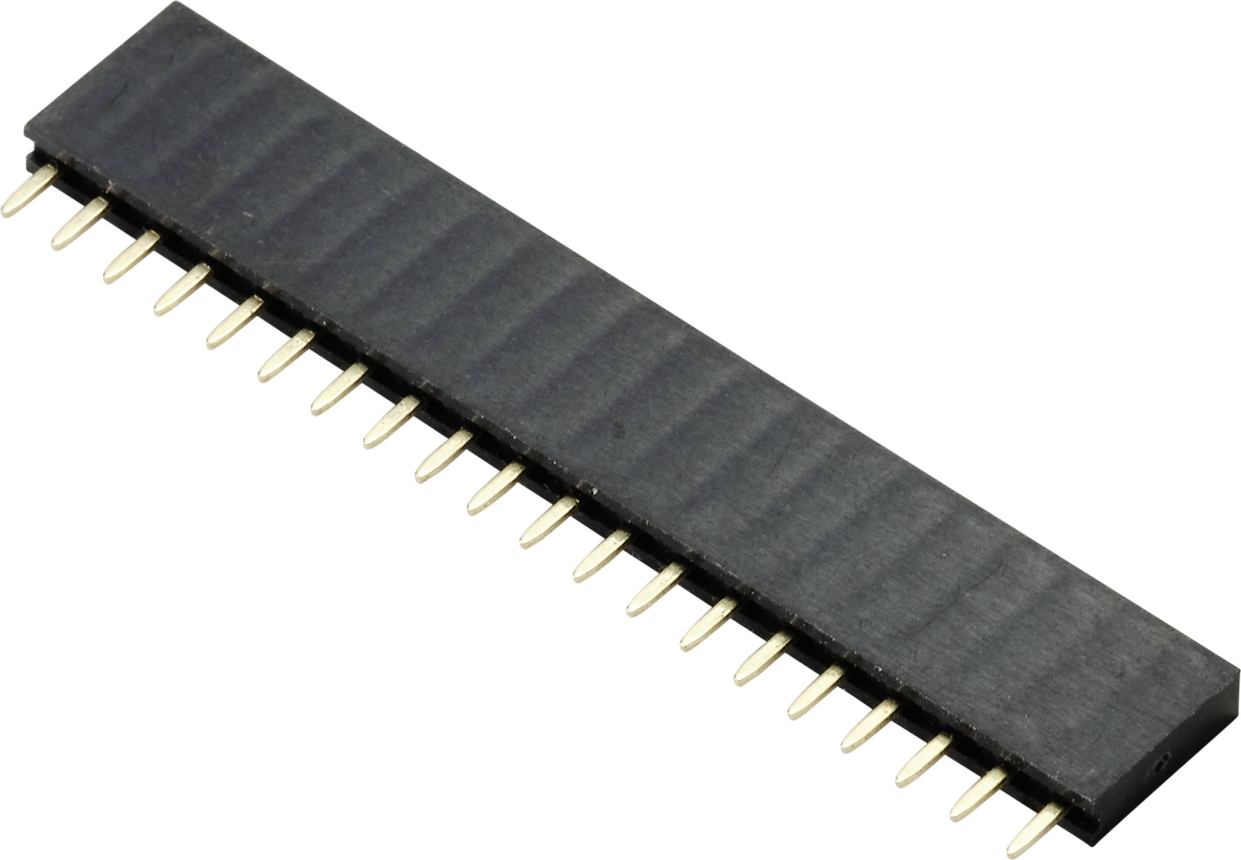 Zwarte, rechthoekige elektrische connector met gouden, naar beneden gerichte pinnen, voor het verbinden van printplaten.