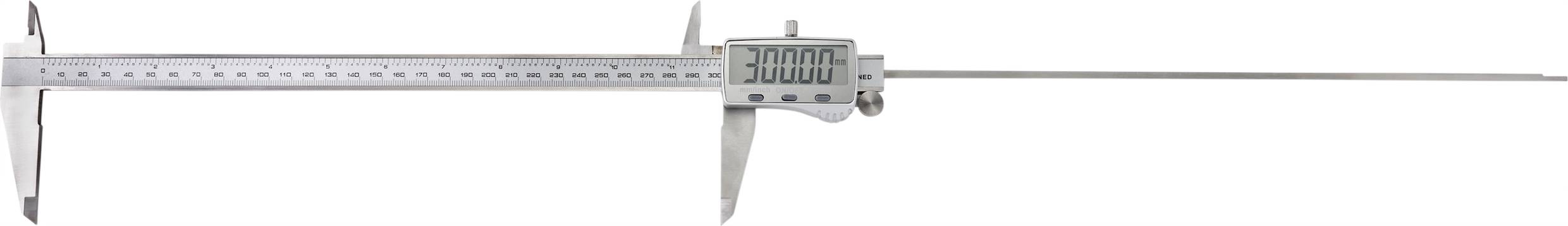 Elektronische schuifmaat met digitaal display toont '300.00'. Apparaat voor nauwkeurige lengtemeting gemaakt van metaal.