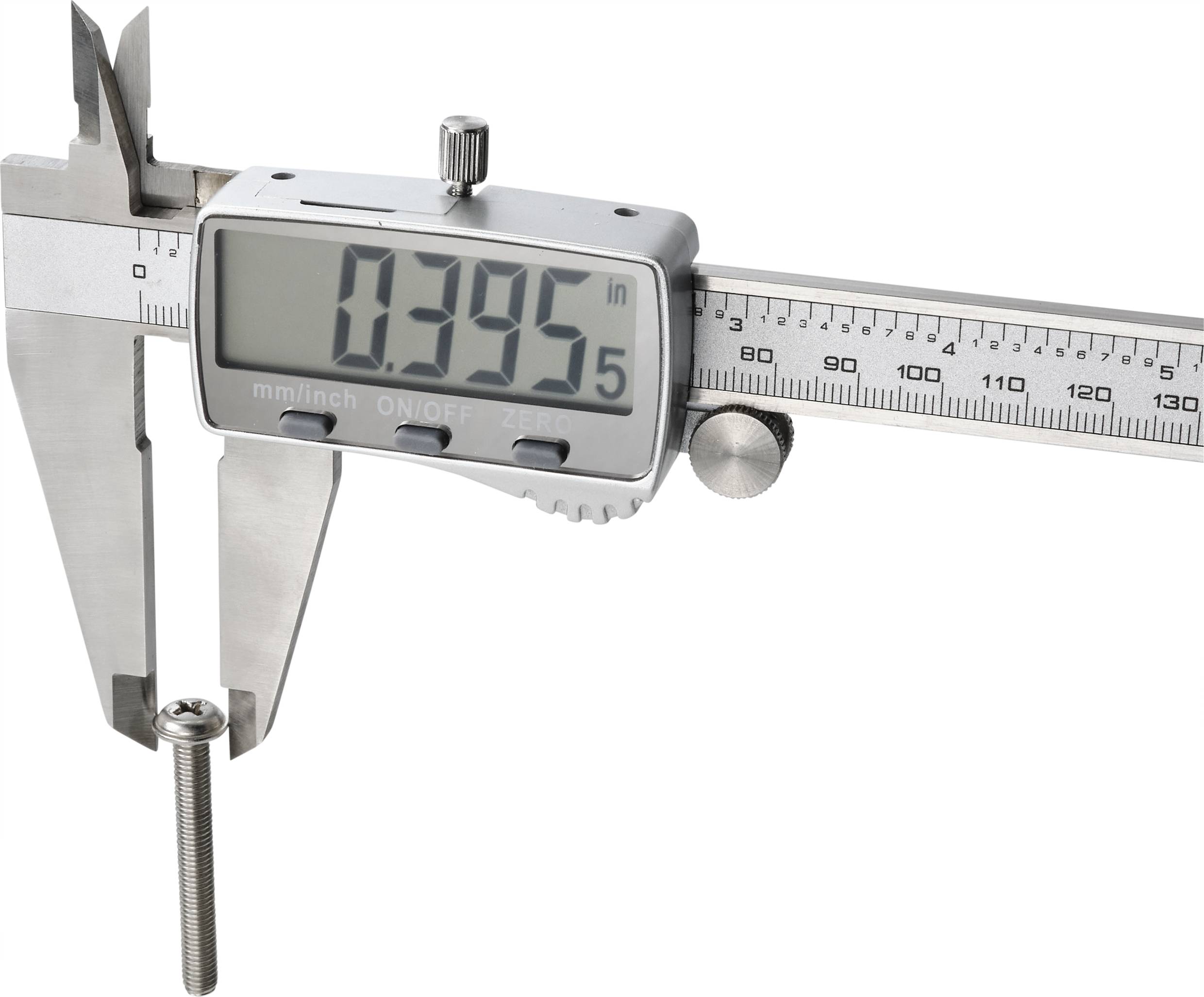 Digitale schuifmaat toont een maat van 0,395 inch, meet de lengte van een schroef.
