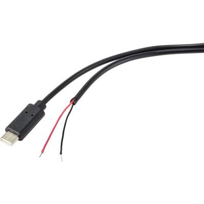 Een USB-C-kabel met open uiteinde toont rode en zwarte draden.