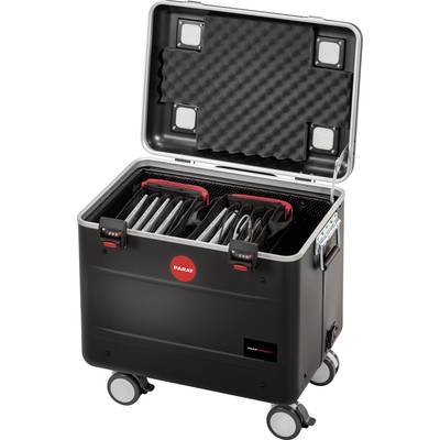 Een geopende, mobiele transportkoffer met meerdere tablets in geordende vakken. De koffer heeft wielen en een handgreep.