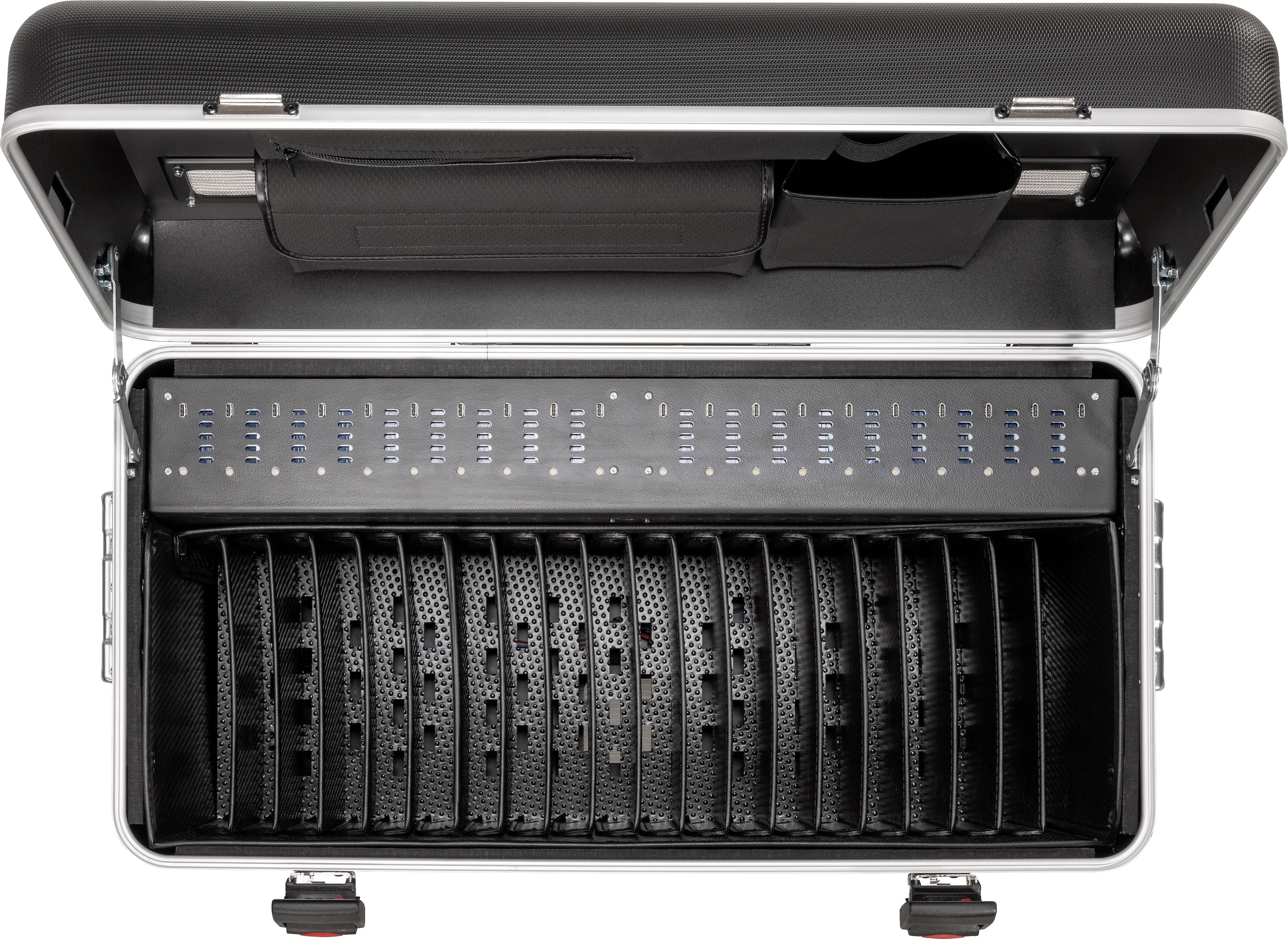 Open koffer met meerdere compartimenten voor elektronische apparaten, elk met aansluitsleuven en blauwe LED-indicatoren boven de compartimenten.