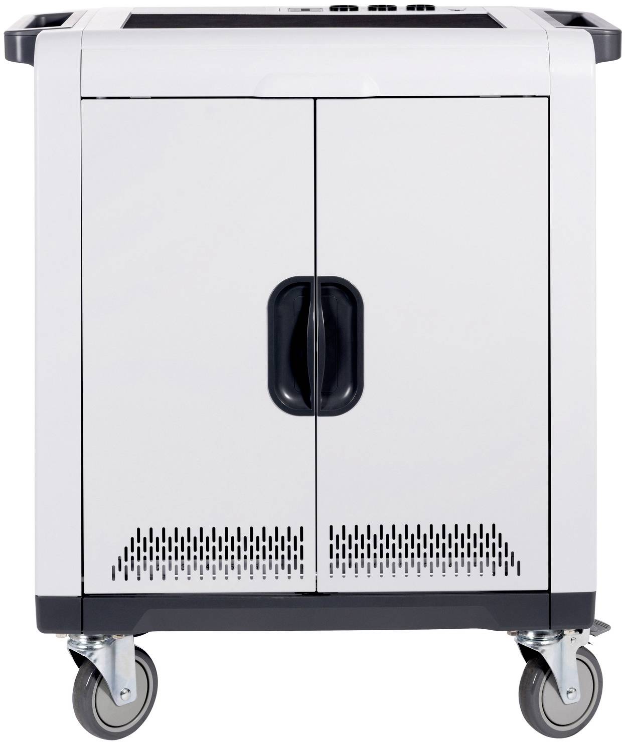 Een witte mobiele laadkast met twee deuren en vier wielen. Geschikt voor het opslaan en opladen van elektronische apparaten.