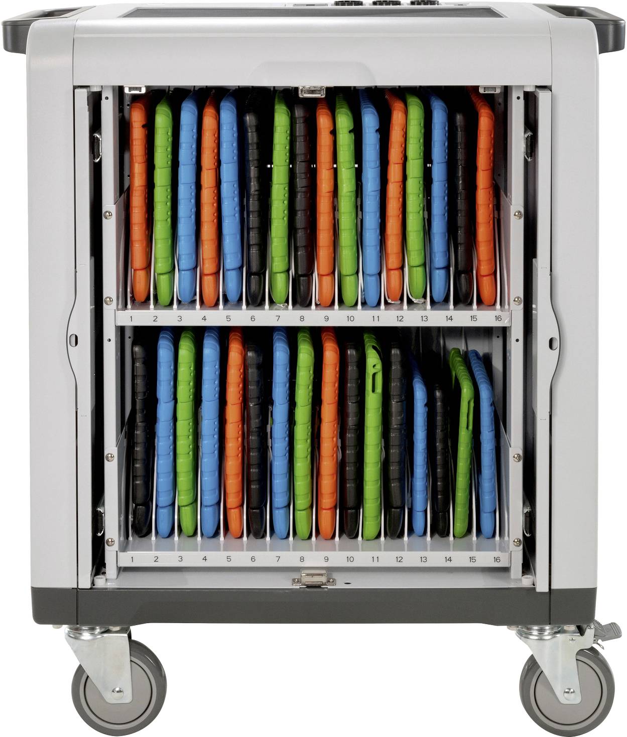 Een mobiele oplaadkast met open deuren toont verschillende kleurrijke tablets, netjes opgeborgen in twee rijen.