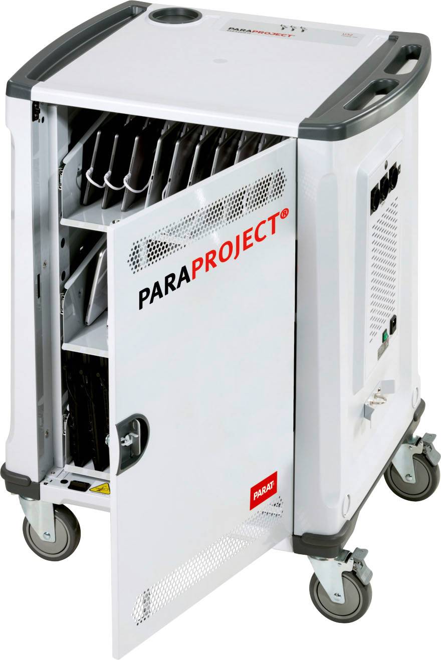 'PARAPROJECT' Laad- en transportkast met open deur, toont meerdere vakken voor elektronische apparaten. Wielen voor mobiliteit zichtbaar.