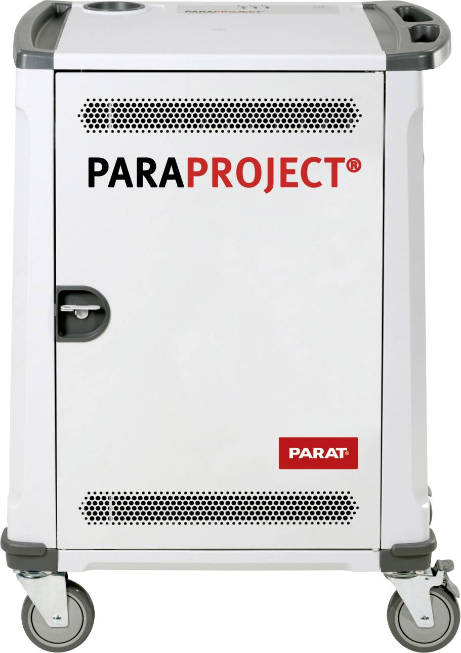 Witte rolwagen-eenheid met de opschriften 'PARAPROJECT' en 'PARAT' op de voorkant. Voorzien van handgrepen en wielen.