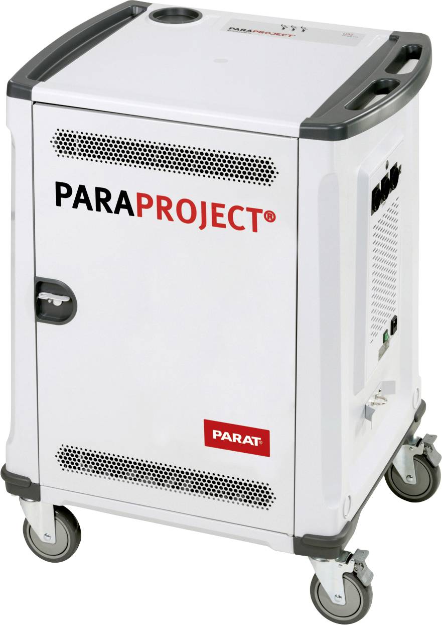 Een mobiele, witte laadkast voor elektronische apparaten met het opschrift 'PARAPROJECT', uitgerust met wielen voor eenvoudige verplaatsing.