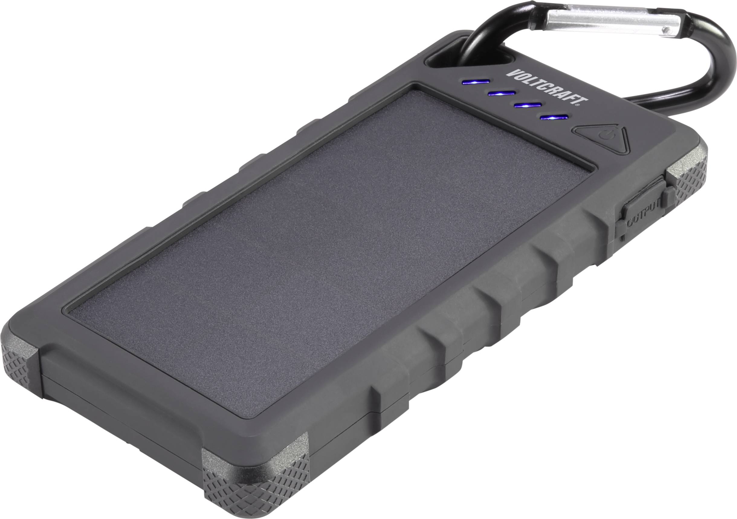 Een robuust, draagbaar zonnelader met karabijnhaak en LED-indicator aan de bovenkant, ideaal voor buitenactiviteiten.