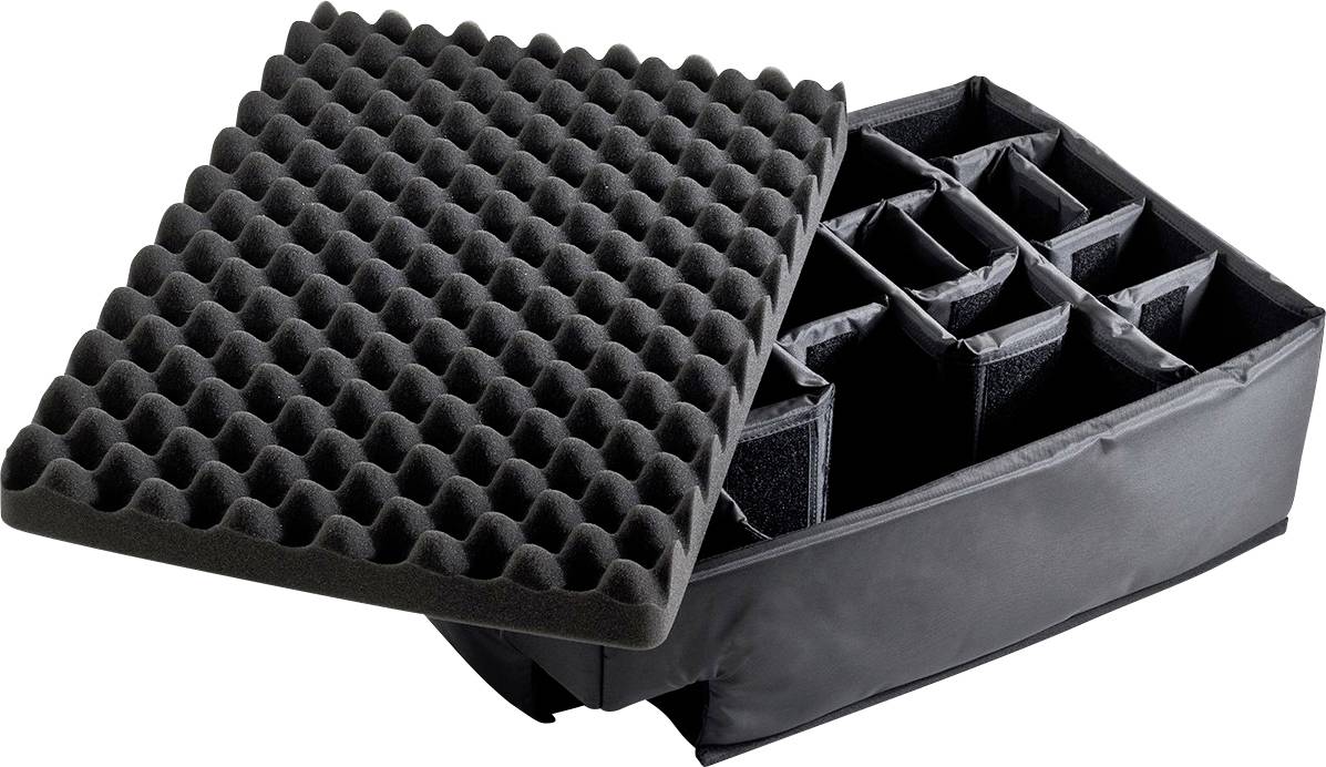 Open schuimstof opbergdoos met vakken voor veilig transport van kwetsbare voorwerpen, afgedekt met een gewatteerde schuimstof deksel.