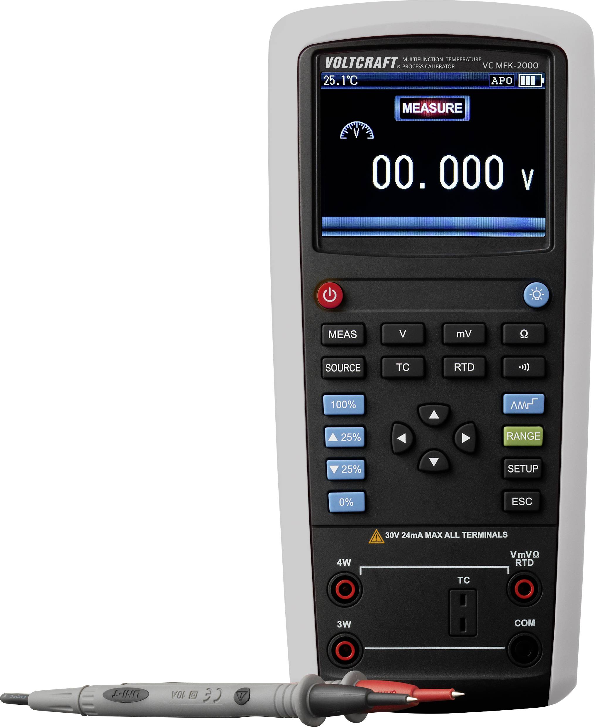 Een digitale multimeter met een groot display toont '0.000 V'. Verschillende functietoetsen en meetmodi zijn zichtbaar.