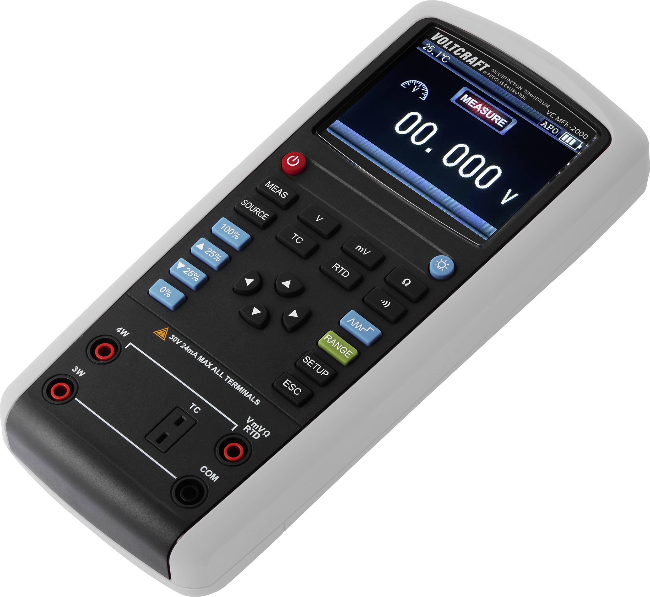 Handmatig meetapparaat voor elektrische spanning; toont digitale meetwaarde van '0,000 V' op display.