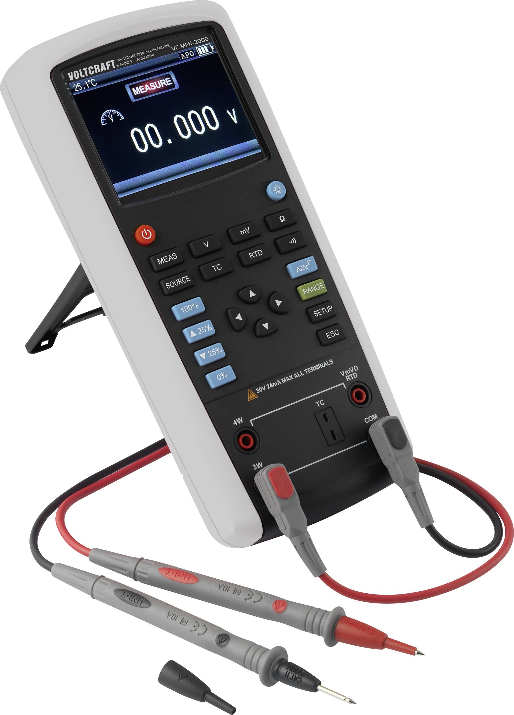 Een digitaal multimeter met display toont '0.00 V'. Het heeft meetkabels en staat op een opvouwbare standaard.