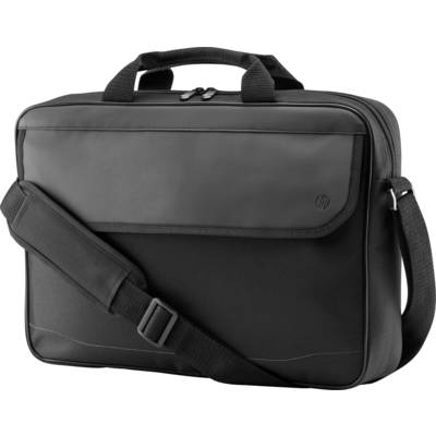 Zwarte laptoptas met twee handgrepen en verstelbare schouderband, meerdere vakken met ritsen.
