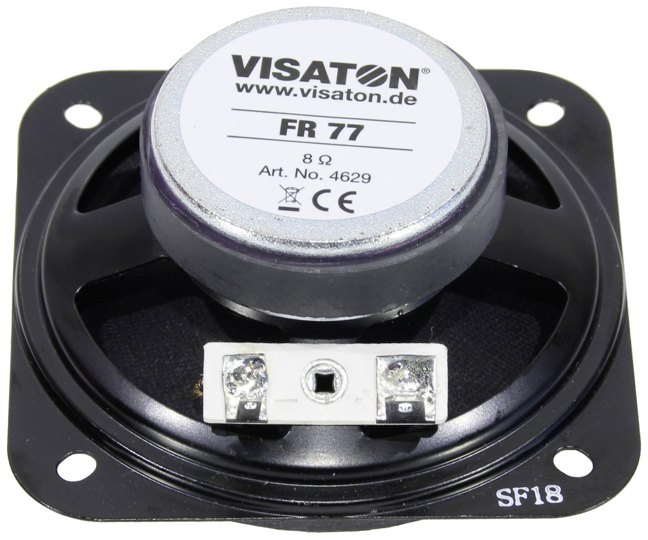 Een ronde luidspreker met de opschrift 'VISATON FR 77' en een internetadres. De behuizing is zwart met een zilverkleurige magneet.
