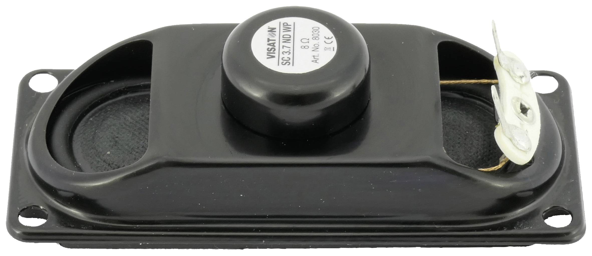 Een zwarte, rechthoekige luidspreker (Visaton SC 5.9) met een ovale membraan en aansluitingen aan de zijkant, voor elektronicaprojecten.