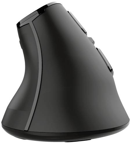 Zwarte, verticale ergonomische computermuis met zijknoppen, voor een comfortabele handpositie en verminderde belasting.