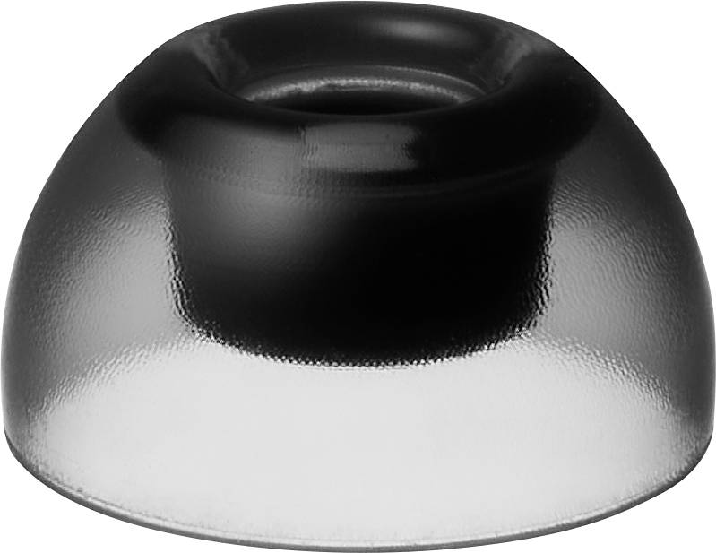 Een zwarte, gladde asbak met afgeronde randen.