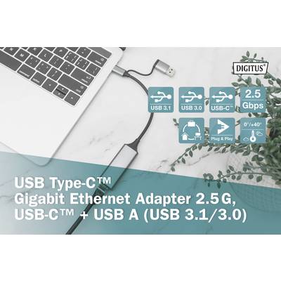 'USB Type-C™ Gigabit Ethernet Adapter 2.5G, USB-C™ + USB A (USB 3.1/3.0)' met symbolen voor snelheid, compatibiliteit en temperatuurbereik.
