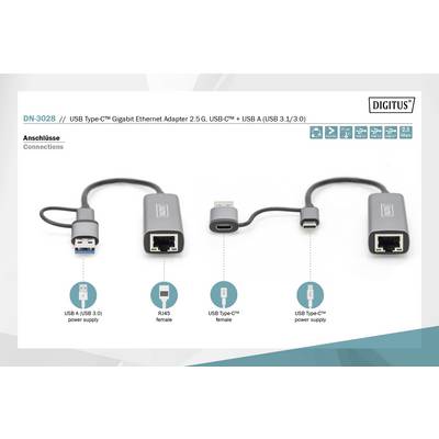 'Drie adapters met verschillende aansluitingen: USB Type-A 3.0, RJ45 en USB Type-C Power Delivery.'