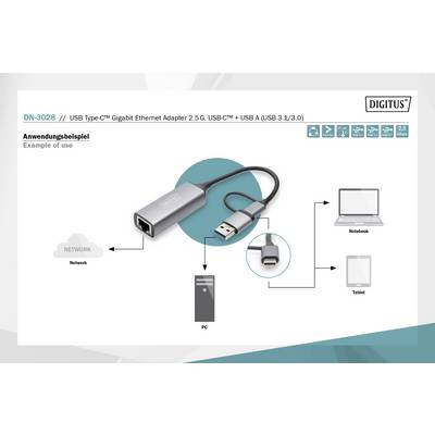'Diagram toont Digitus USB Type-C Gigabit Ethernet-adapter. Verbinding van netwerk naar notebook, pc en tablet via USB en Ethernet.'