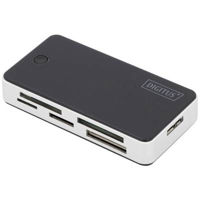 'Compacte zwarte kaartlezer met USB-aansluiting en meerdere geheugenkaartsslots. Merk: Digitus.'