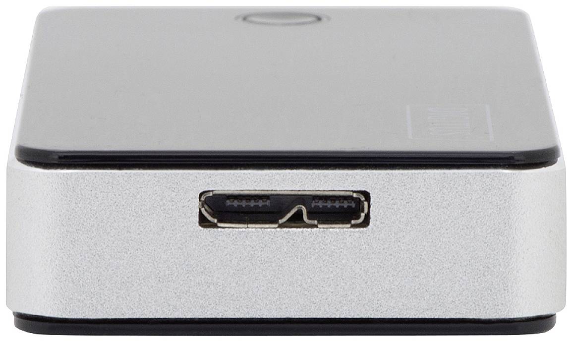 Een zilveren elektronisch apparaat met een HDMI-poort aan de voorkant, geschikt voor audiovisuele aansluitingen.