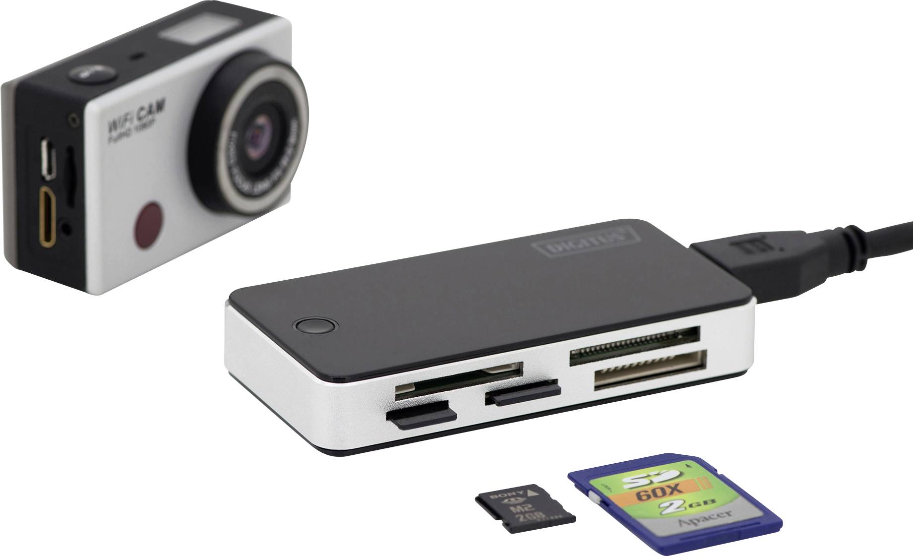 Een digitale camera, een kaartlezer en twee geheugenkaarten. De kaartlezer is met een kabel verbonden.