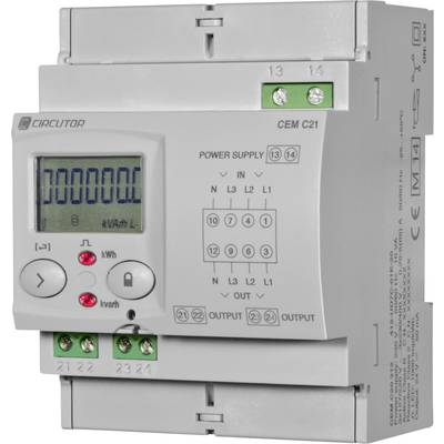 Een elektronische elektriciteitsmeter met een digitale display en meerdere toetsen voor bediening. Toont stroomverbruik in kWh.