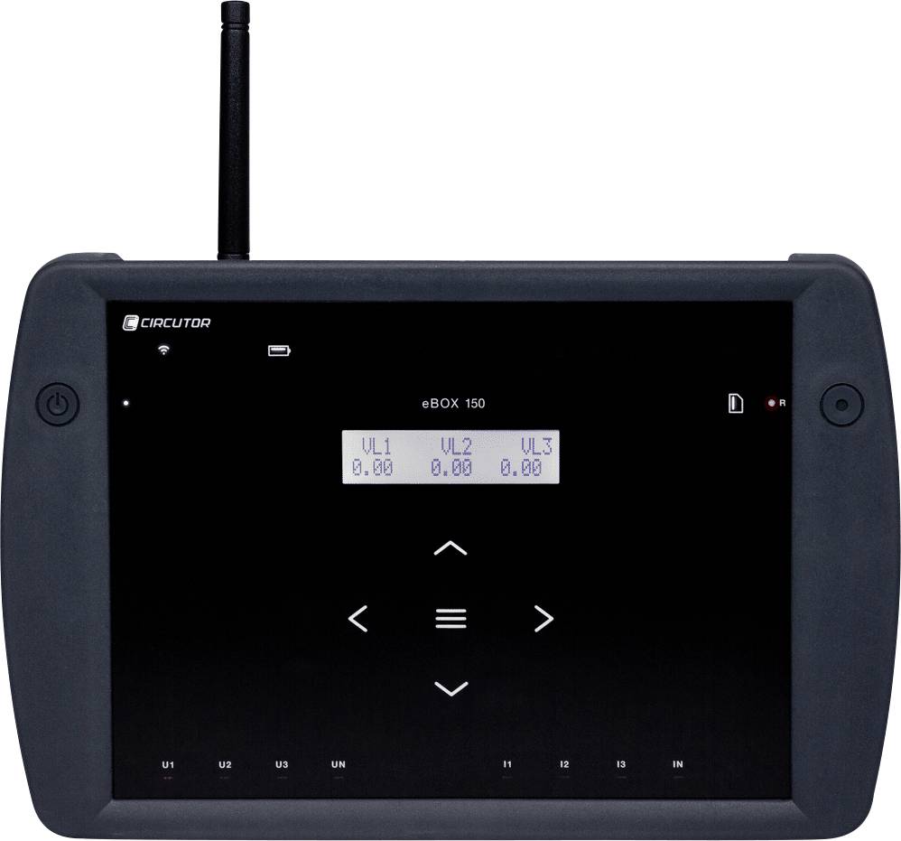Een zwarte eBox 150 elektriciteitsmeter met display toont waarden voor 'VL1 0.00', 'VL2 0.00', 'VL3 0.00'. Pijltjestoetsen voor navigatie.