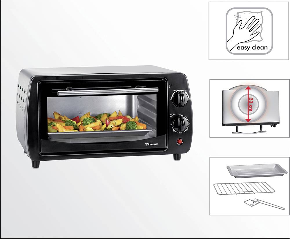 Kleine oven met groenten van binnen. Links twee bedieningsknoppen. Rechts illustraties: 'eenvoudige reiniging', heteluchtfunctie, toebehoren: rooster, bakplaat.