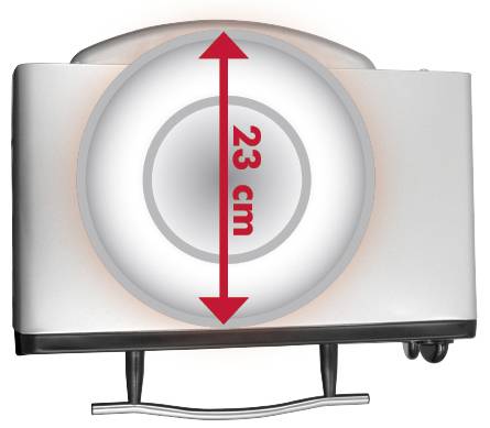 Broodrooster met gemarkeerde hoogte van 23 cm, rode pijl wijst van boven naar beneden.